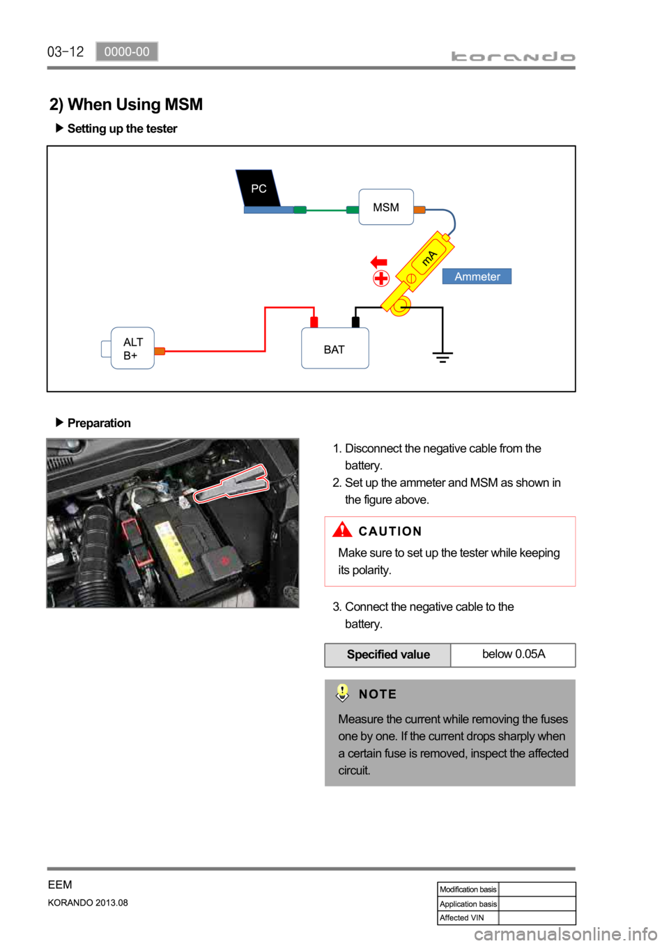 SSANGYONG KORANDO 2013  Service Manual Specified valuebelow 0.05A
Setting up the tester
Preparation
Disconnect the negative cable from the 
battery.
Set up the ammeter and MSM as shown in 
the figure above. 1.
2.
2) When Using MSM
Connect 