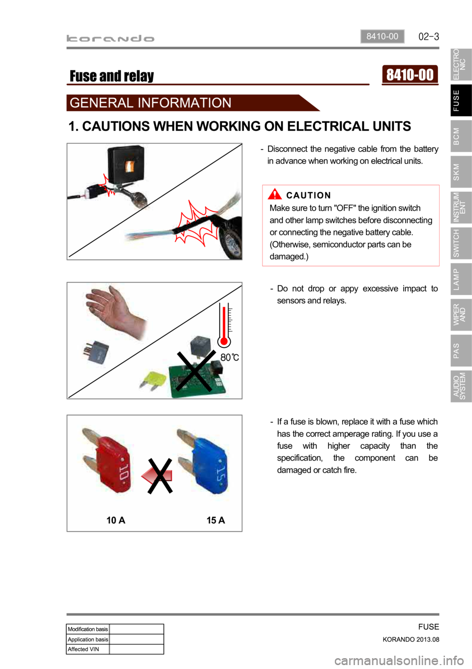 SSANGYONG KORANDO 2013  Service Manual 8410-00
1. CAUTIONS WHEN WORKING ON ELECTRICAL UNITS
Disconnect  the  negative  cable  from  the  battery 
in advance when working on electrical units. -
If a fuse is blown, replace it with a fuse whi