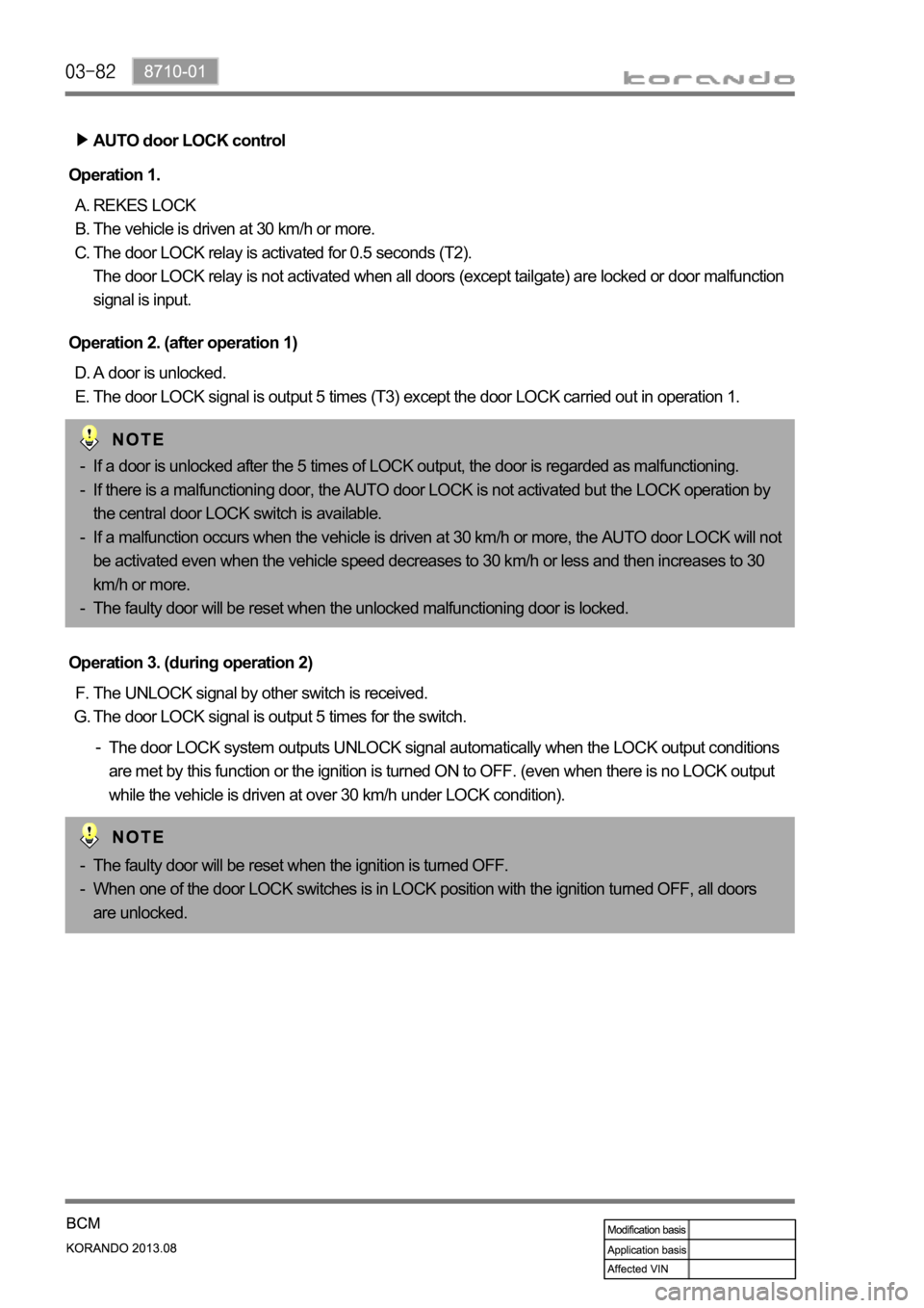 SSANGYONG KORANDO 2013  Service Manual AUTO door LOCK control
REKES LOCK
The vehicle is driven at 30 km/h or more.
The door LOCK relay is activated for 0.5 seconds (T2). 
The door LOCK relay is not activated when all doors (except tailgate