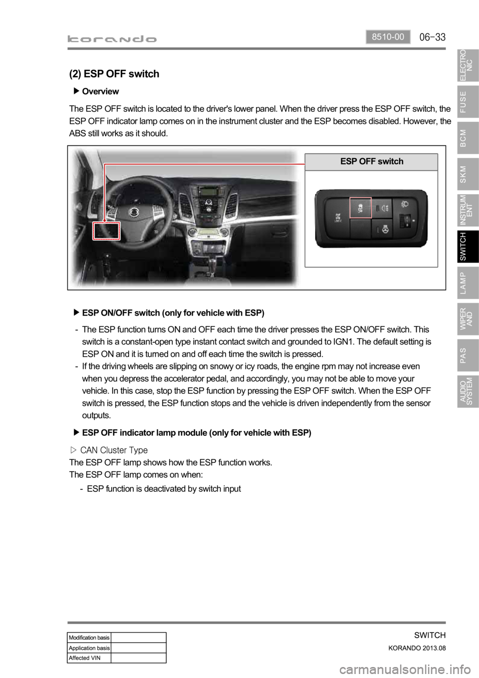 SSANGYONG KORANDO 2013  Service Manual 8510-00
Overview
The ESP OFF switch is located to the driver's lower panel. When the driver press the ESP OFF switch, the 
ESP OFF indicator lamp comes on in the instrument cluster and the ESP bec