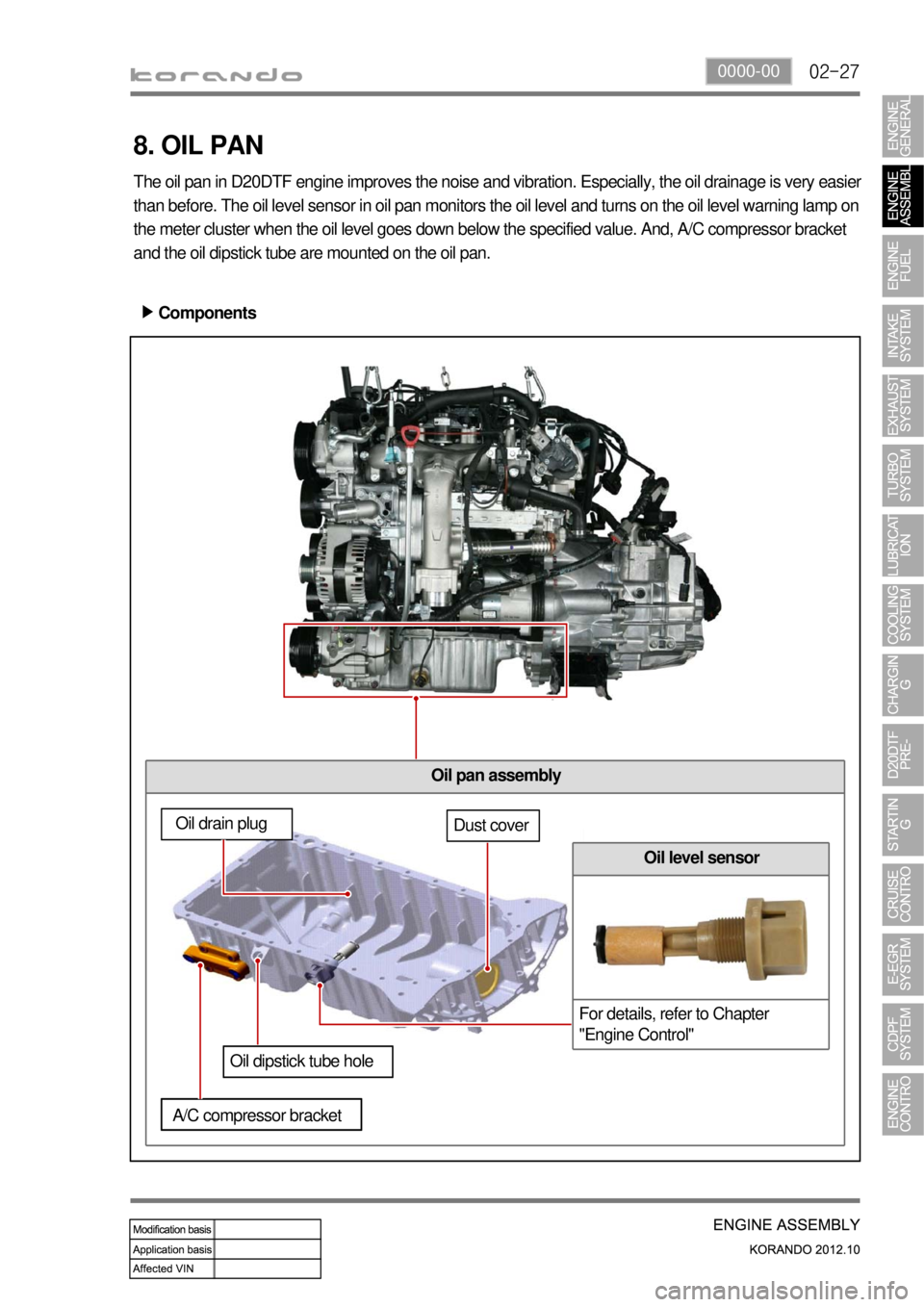 SSANGYONG KORANDO 2012  Service Manual 02-270000-00
Oil pan assembly
8. OIL PAN
The oil pan in D20DTF engine improves the noise and vibration. Especially, the oil drainage is very easier 
than before. The oil level sensor in oil pan monito