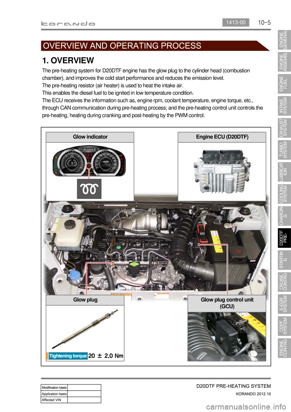 SSANGYONG KORANDO 2012 Service Manual 10-51413-00
1. OVERVIEW
The pre-heating system for D20DTF engine has the glow plug to the cylinder head (combustion
chamber), and improves the cold start performance and reduces the emission level.
T SSANGYONG KORANDO 2012 Service Manual 10-51413-00
1. OVERVIEW
The pre-heating system for D20DTF engine has the glow plug to the cylinder head (combustion
chamber), and improves the cold start performance and reduces the emission level.
T