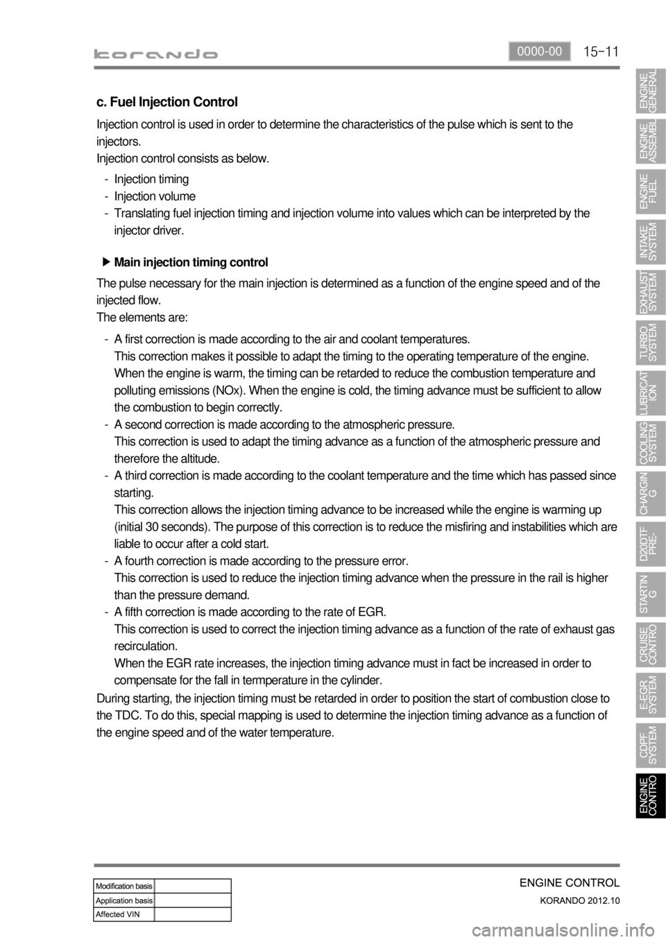 SSANGYONG KORANDO 2012 User Guide 15-110000-00
c. Fuel Injection Control
Injection control is used in order to determine the characteristics of the pulse which is sent to the
injectors.
Injection control consists as below.
Injection SSANGYONG KORANDO 2012 User Guide 15-110000-00
c. Fuel Injection Control
Injection control is used in order to determine the characteristics of the pulse which is sent to the
injectors.
Injection control consists as below.
Injection