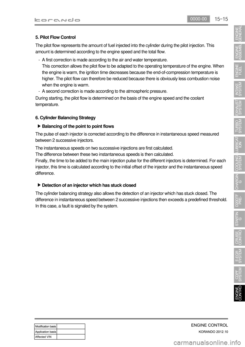 SSANGYONG KORANDO 2012 Owners Manual 15-150000-00
5. Pilot Flow Control
The pilot flow represents the amount of fuel injected into the cylinder during the pilot injection. This
amount is determined according to the engine speed and the SSANGYONG KORANDO 2012 Owners Manual 15-150000-00
5. Pilot Flow Control
The pilot flow represents the amount of fuel injected into the cylinder during the pilot injection. This
amount is determined according to the engine speed and the