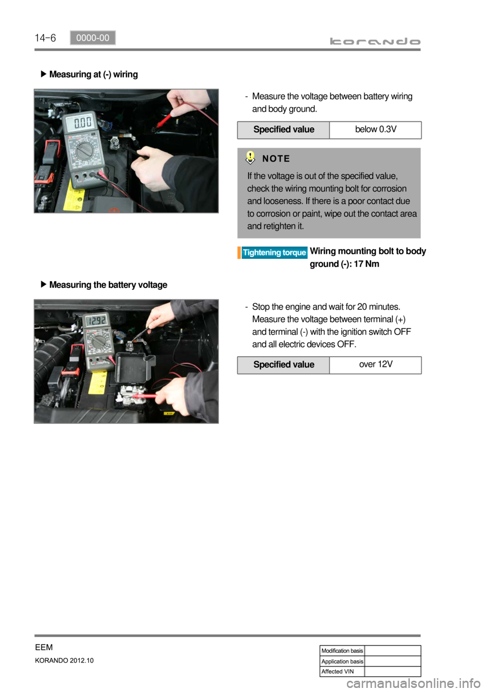 SSANGYONG KORANDO 2012  Service Manual 14-6
Measuring at (-) wiring ▶
Measure the voltage between battery wiring 
and body ground. -
Specified valuebelow 0.3V
If the voltage is out of the specified value, 
check the wiring mounting bolt 