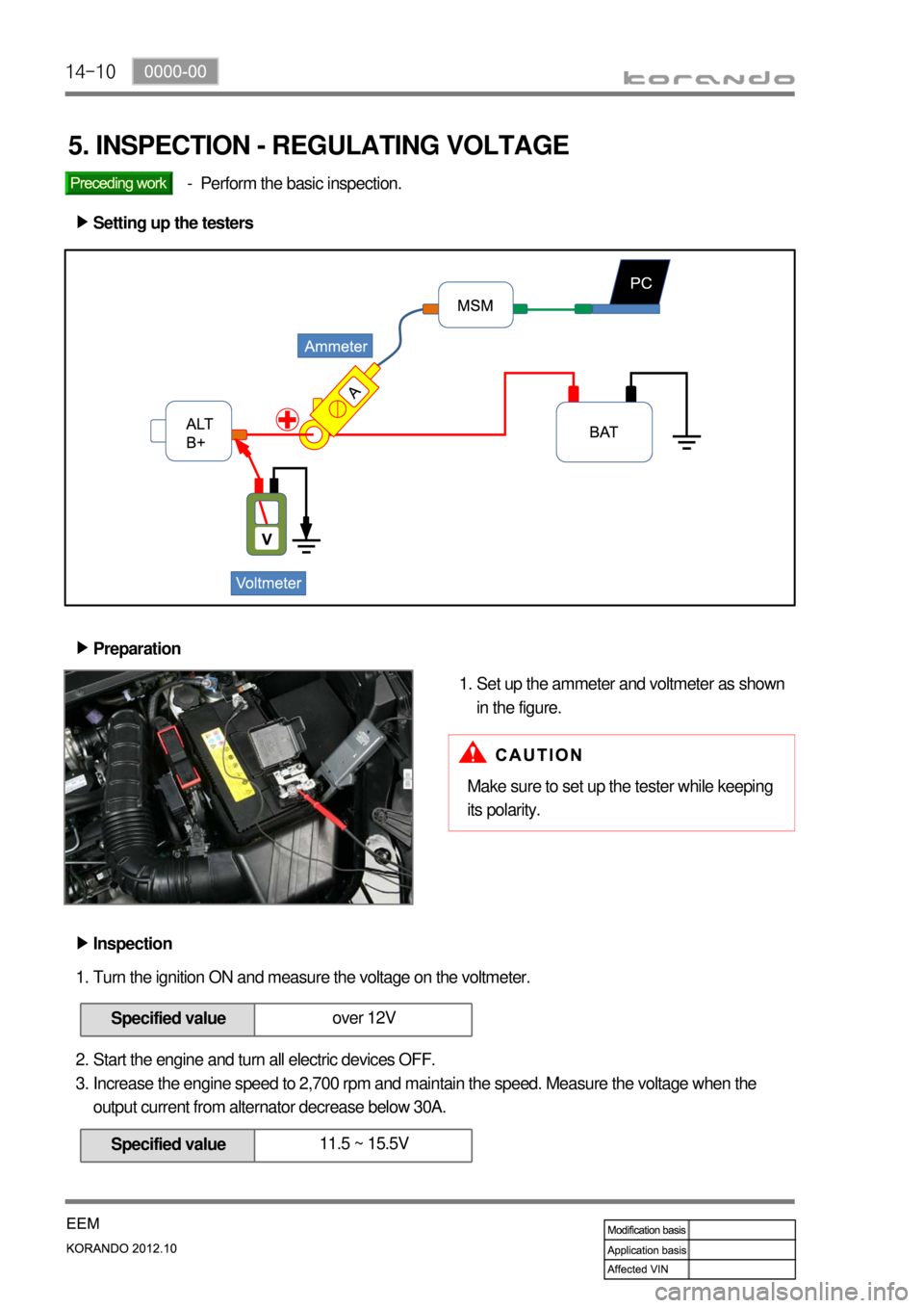 SSANGYONG KORANDO 2012  Service Manual 14-10
5. INSPECTION - REGULATING VOLTAGE
Perform the basic inspection. -
Setting up the testers ▶
Preparation ▶
Set up the ammeter and voltmeter as shown 
in the figure. 1.
Inspection ▶
Turn the
