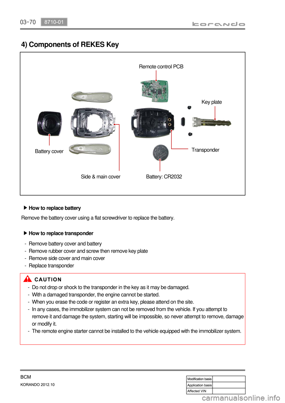 SSANGYONG KORANDO 2012  Service Manual 03-70
4) Components of REKES Key
Battery cover
Side & main cover Battery: CR2032TransponderKey plate Remote control PCB
How to replace battery ▶
Remove the battery cover using a flat screwdriver to 