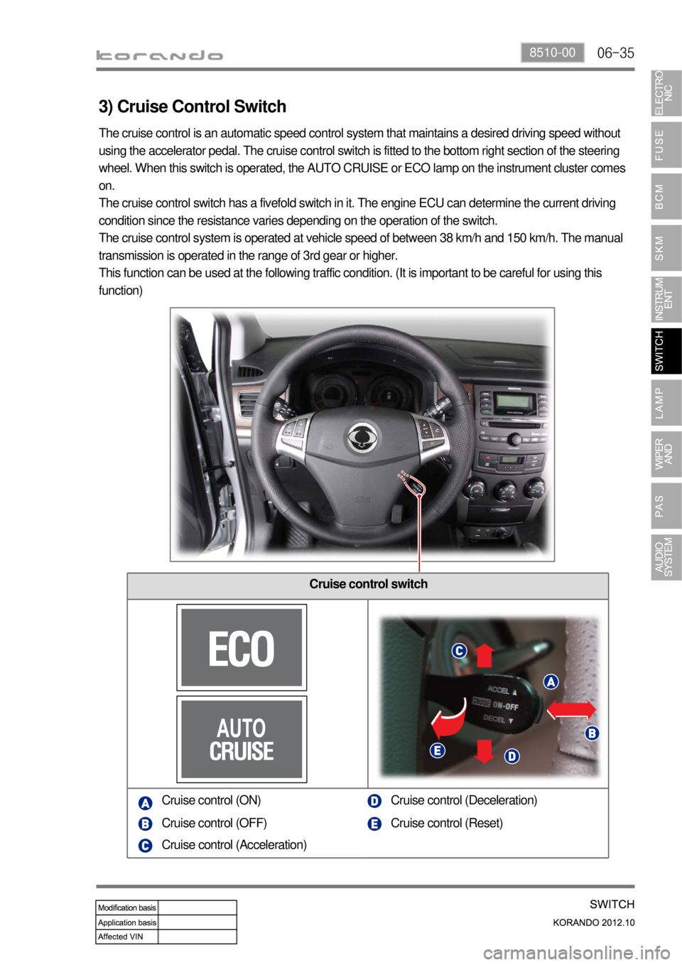 SSANGYONG KORANDO 2012  Service Manual 06-358510-00
3) Cruise Control Switch
Cruise control switch
The cruise control is an automatic speed control system that maintains a desired driving speed without 
using the accelerator pedal. The cru