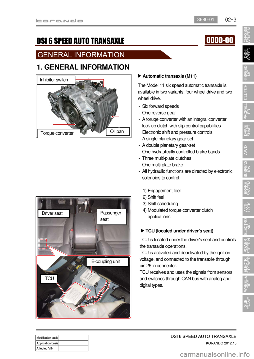 SSANGYONG KORANDO 2012  Service Manual 02-33680-01
1. GENERAL INFORMATION
Automatic transaxle (M11) ▶
The Model 11 six speed automatic transaxle is 
available in two variants: four wheel drive and two 
wheel drive.
Six forward speeds
One