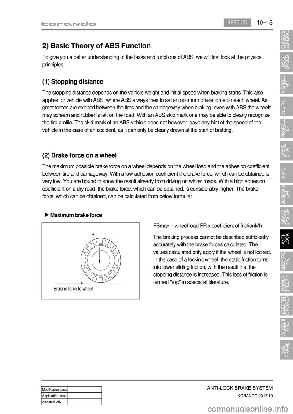 SSANGYONG KORANDO 2012 User Guide 10-134890-00
2) Basic Theory of ABS Function
To give you a better understanding of the tasks and functions of ABS, we will first look at the physics
principles.
(1) Stopping distance
The stopping dis SSANGYONG KORANDO 2012 User Guide 10-134890-00
2) Basic Theory of ABS Function
To give you a better understanding of the tasks and functions of ABS, we will first look at the physics
principles.
(1) Stopping distance
The stopping dis