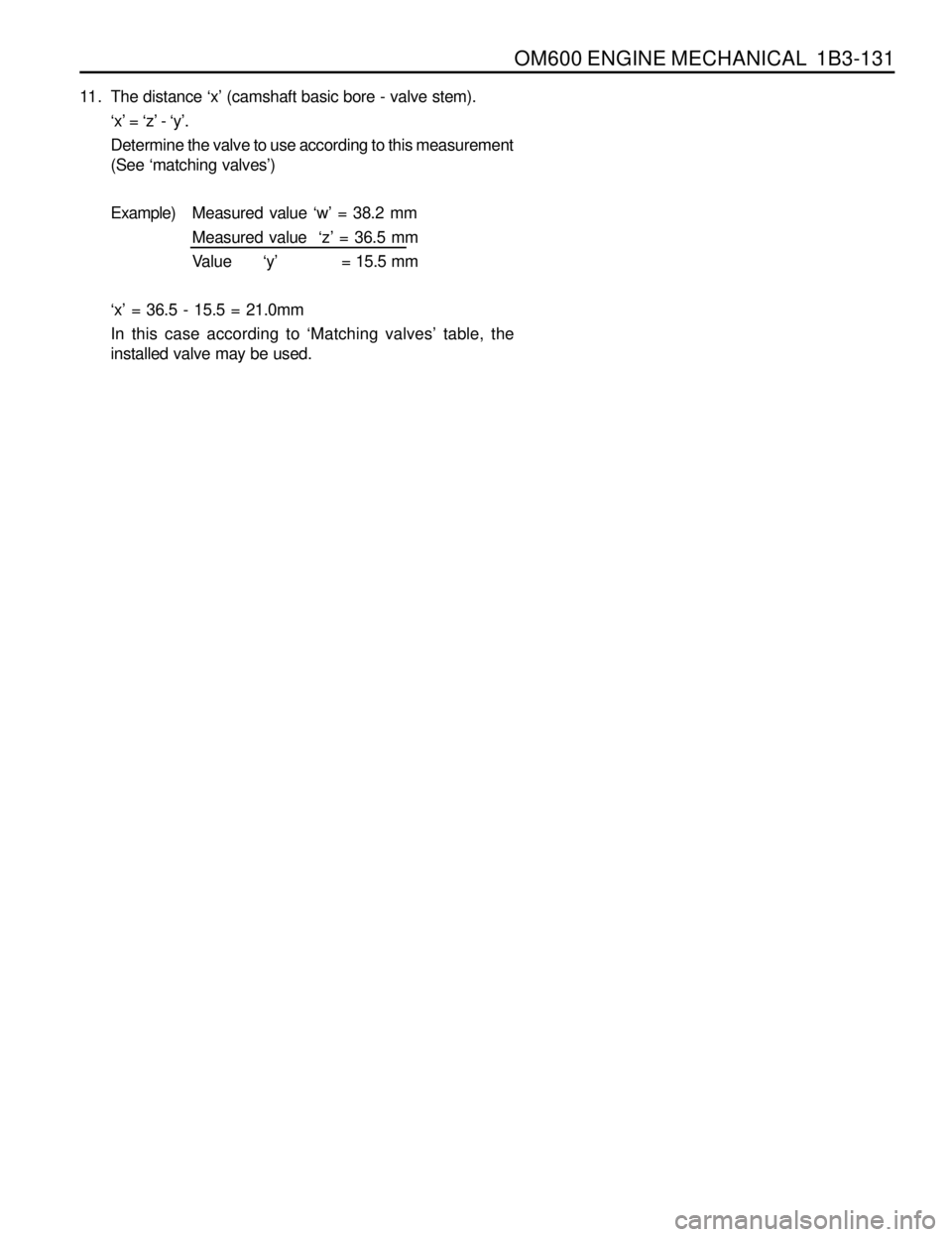 SSANGYONG MUSSO 1998  Workshop Repair Manual OM600 ENGINE MECHANICAL  1B3-131
11. The distance ‘x’ (camshaft basic bore - valve stem).
‘x’ = ‘z’ - ‘y’.
Determine the valve to use according to this measurement
(See ‘matching val