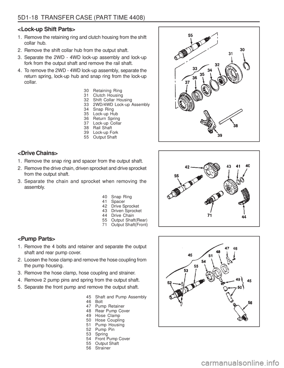 SSANGYONG MUSSO 2003 Owners Manual 5D1-18  TRANSFER CASE (PART TIME 4408)
<Lock-up Shift Parts> 
1. Remove the retaining ring and clutch housing from the shiftcollar hub.
2. Remove the shift collar hub from the output shaft. 
3. Separa
