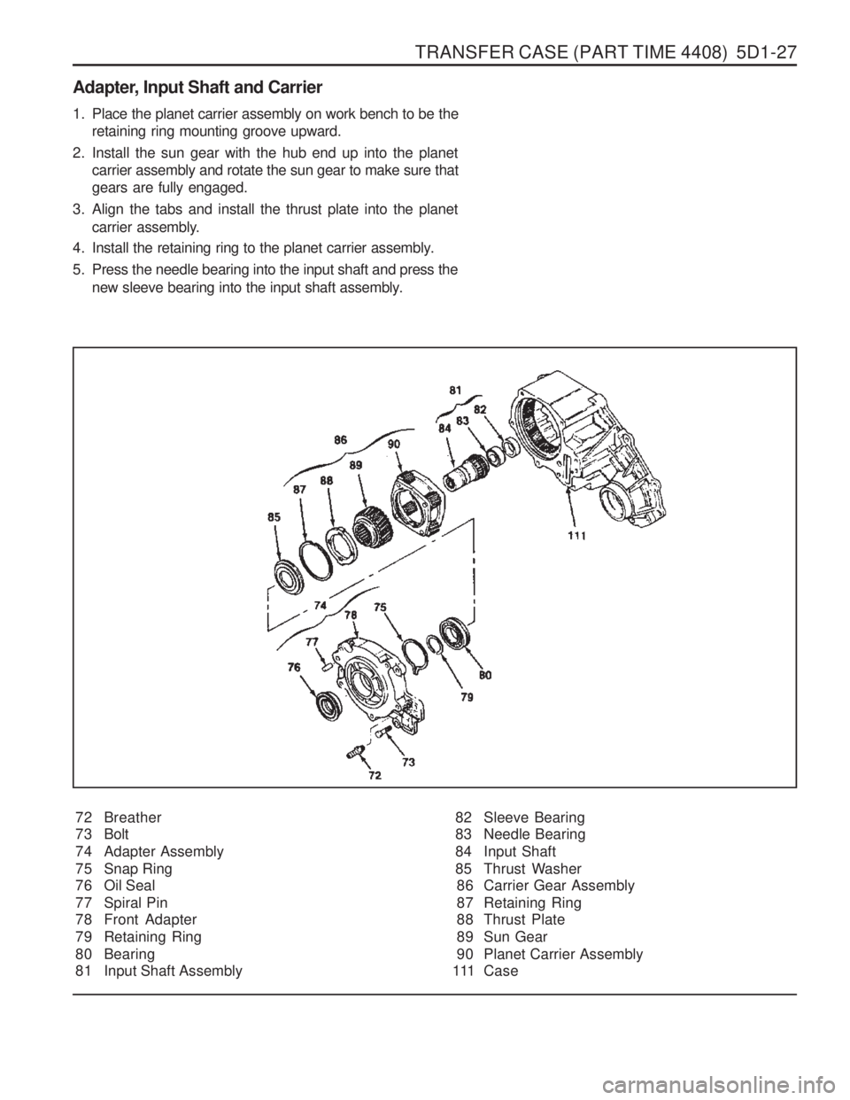 SSANGYONG MUSSO 2003  Service Manual TRANSFER CASE (PART TIME 4408)  5D1-27
Adapter, Input Shaft and Carrier72 Breather 
73 Bolt 
74 Adapter Assembly
75 Snap Ring 
76 Oil Seal 
77 Spiral Pin 
78 Front Adapter 
79 Retaining Ring
80 Bearin