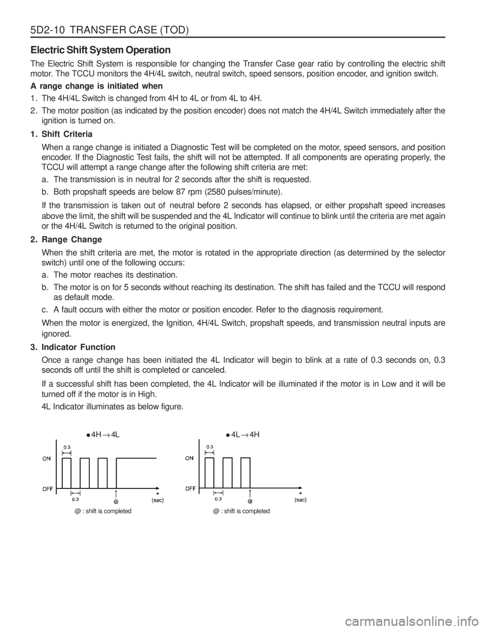 SSANGYONG MUSSO 2003 User Guide 5D2-10  TRANSFER CASE (TOD) Electric Shift System Operation 
The Electric Shift System is responsible for changing the Transfer Case gear ratio by controlling the electric shift 
motor. The TCCU monit
