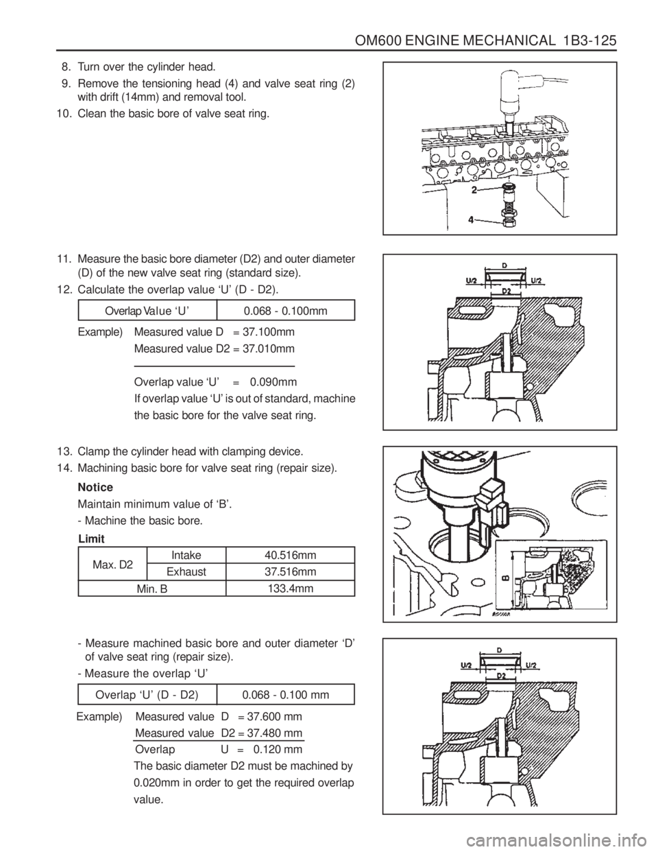 SSANGYONG MUSSO 2003 Service Manual OM600 ENGINE MECHANICAL 1B3-125
8. Turn over the cylinder head.
9. Remove the tensioning head (4) and valve seat ring (2)with drift (14mm) and removal tool.
10. Clean the basic bore of valve seat ri SSANGYONG MUSSO 2003 Service Manual OM600 ENGINE MECHANICAL 1B3-125
8. Turn over the cylinder head.
9. Remove the tensioning head (4) and valve seat ring (2)with drift (14mm) and removal tool.
10. Clean the basic bore of valve seat ri
