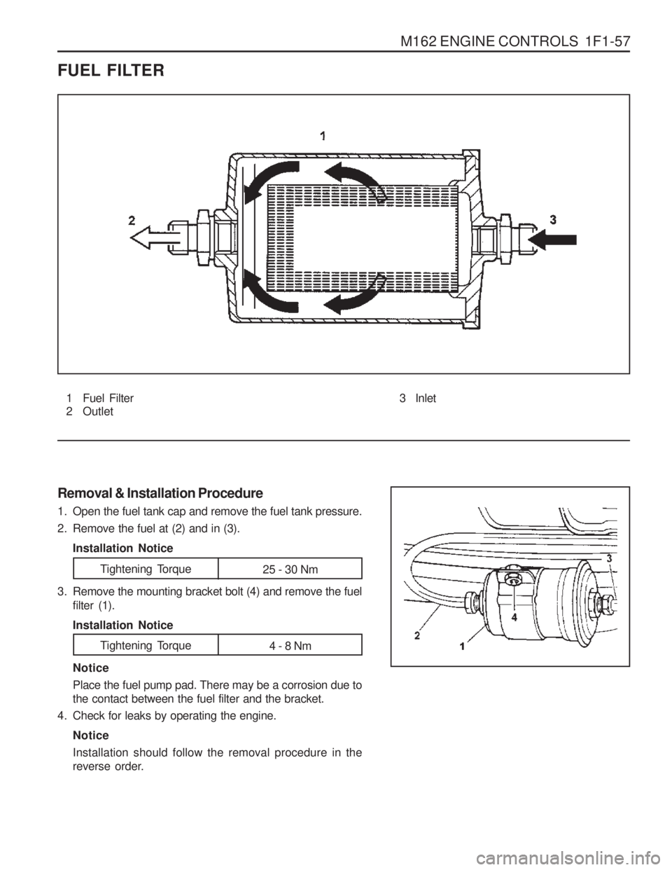 SSANGYONG MUSSO 2003  Service Manual M162 ENGINE CONTROLS  1F1-57
FUEL FILTER
1 Fuel Filter 
2 Outlet
Removal & Installation Procedure 
1. Open the fuel tank cap and remove the fuel tank pressure. 
2. Remove the fuel at (2) and in (3). I