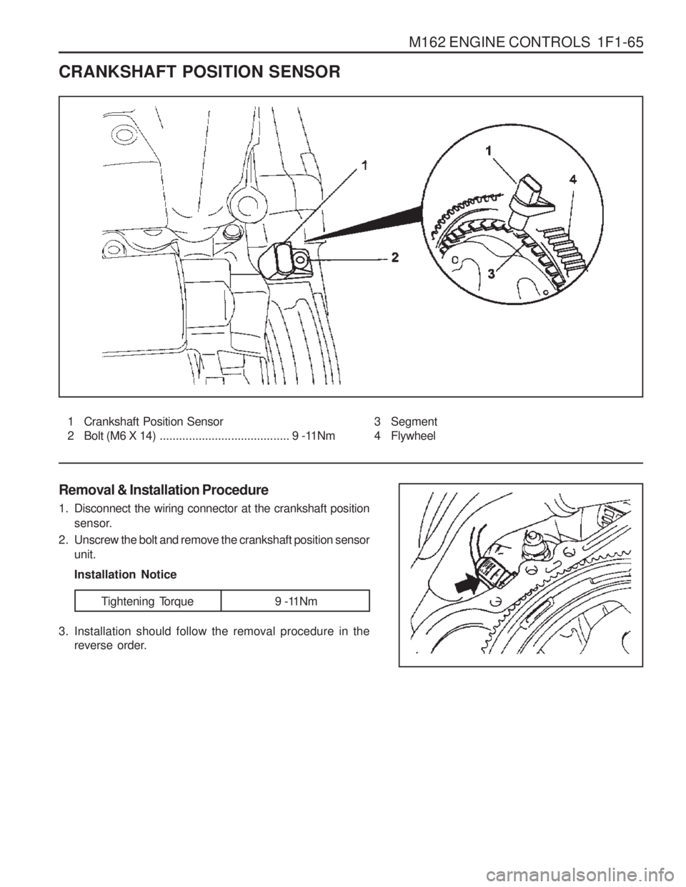 SSANGYONG MUSSO 2003  Service Manual M162 ENGINE CONTROLS  1F1-65
1 Crankshaft Position Sensor 
2 Bolt (M6 X 14)........................................ 9 -11Nm
CRANKSHAFT POSITION SENSOR
Removal & Installation Procedure 
1. Disconnect t