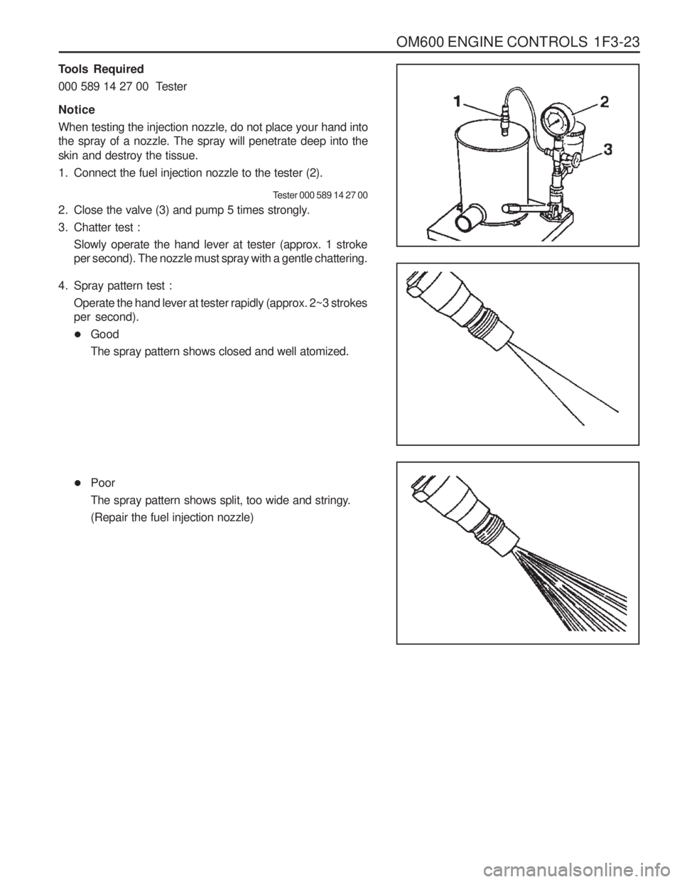 SSANGYONG MUSSO 2003 Service Manual OM600 ENGINE CONTROLS 1F3-23
Tools Required
000 589 14 27 00 Tester Notice When testing the injection nozzle, do not place your hand into the spray of a nozzle. The spray will penetrate deep into t SSANGYONG MUSSO 2003 Service Manual OM600 ENGINE CONTROLS 1F3-23
Tools Required
000 589 14 27 00 Tester Notice When testing the injection nozzle, do not place your hand into the spray of a nozzle. The spray will penetrate deep into t