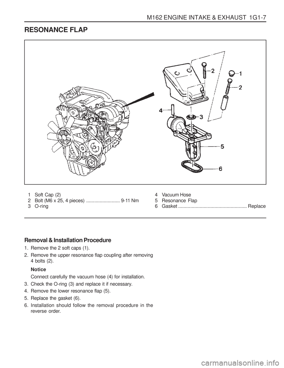 SSANGYONG MUSSO 2003 Service Manual M162 ENGINE INTAKE & EXHAUST 1G1-7
RESONANCE FLAP1 Soft Cap (2)
2 Bolt (M6 x 25, 4 pieces) ......................... 9-11 Nm
3 O-ring
Removal & Installation Procedure
1. Remove the 2 soft caps (1) SSANGYONG MUSSO 2003 Service Manual M162 ENGINE INTAKE & EXHAUST 1G1-7
RESONANCE FLAP1 Soft Cap (2)
2 Bolt (M6 x 25, 4 pieces) ......................... 9-11 Nm
3 O-ring
Removal & Installation Procedure
1. Remove the 2 soft caps (1)