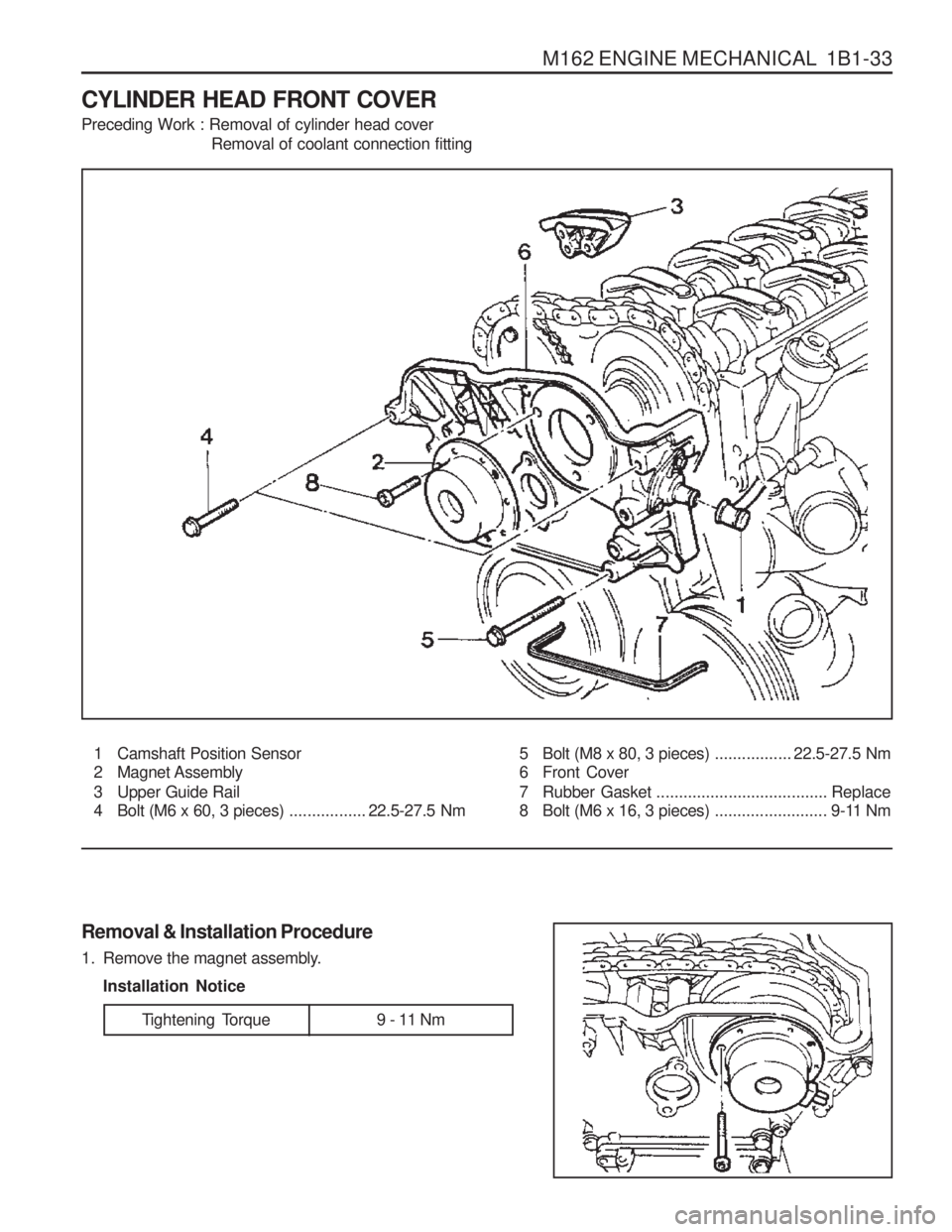 SSANGYONG MUSSO 2003  Service Manual M162 ENGINE MECHANICAL  1B1-33
CYLINDER HEAD FRONT COVER Preceding Work : Removal of cylinder head coverRemoval of coolant connection fitting
1 Camshaft Position Sensor 
2 Magnet Assembly 
3 Upper Gui