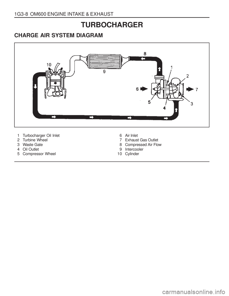 SSANGYONG MUSSO 2003  Service Manual 1G3-8  OM600 ENGINE INTAKE & EXHAUST
1 Turbocharger Oil Inlet 
2 Turbine Wheel 
3 Waste Gate
4 Oil Outlet 
5 Compressor Wheel6 Air Inlet 
7 Exhaust Gas Outlet 
8 Compressed Air Flow
9 Intercooler
10 C