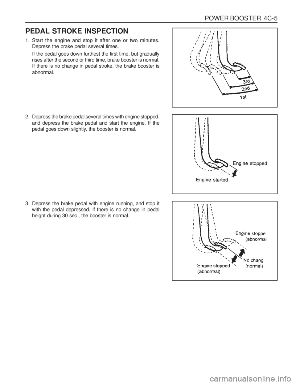 SSANGYONG MUSSO 2003  Service Manual POWER BOOSTER  4C-5
PEDAL STROKE INSPECTION 
1. Start the engine and stop it after one or two minutes.Depress the brake pedal several times. If the pedal goes down furthest the first time, but gradual