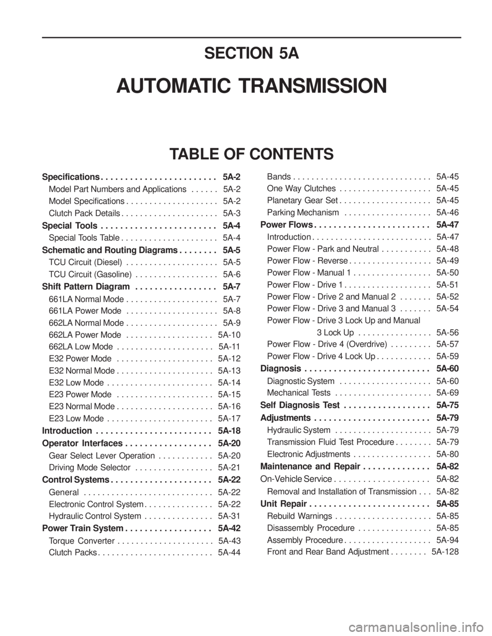 SSANGYONG MUSSO 2003  Service Manual SECTION 5A
AUTOMATIC  TRANSMISSION
TABLE OF CONTENTS
Specifications . . . . . . . . . . . . . . . . . . . . . . . .  5A-2
Model Part Numbers and Applications . . . . . .  5A-2 
Model Specifications . 