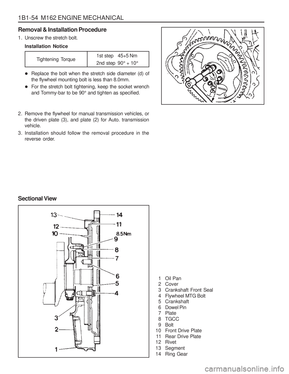 SSANGYONG MUSSO 2003  Service Manual 1B1-54  M162 ENGINE MECHANICAL Removal & Installation Procedure 
1. Unscrew the stretch bolt.Installation Notice
Sectional View
1 Oil Pan 
2 Cover 
3 Crankshaft Front Seal
4 Flywheel MTG Bolt 
5 Crank