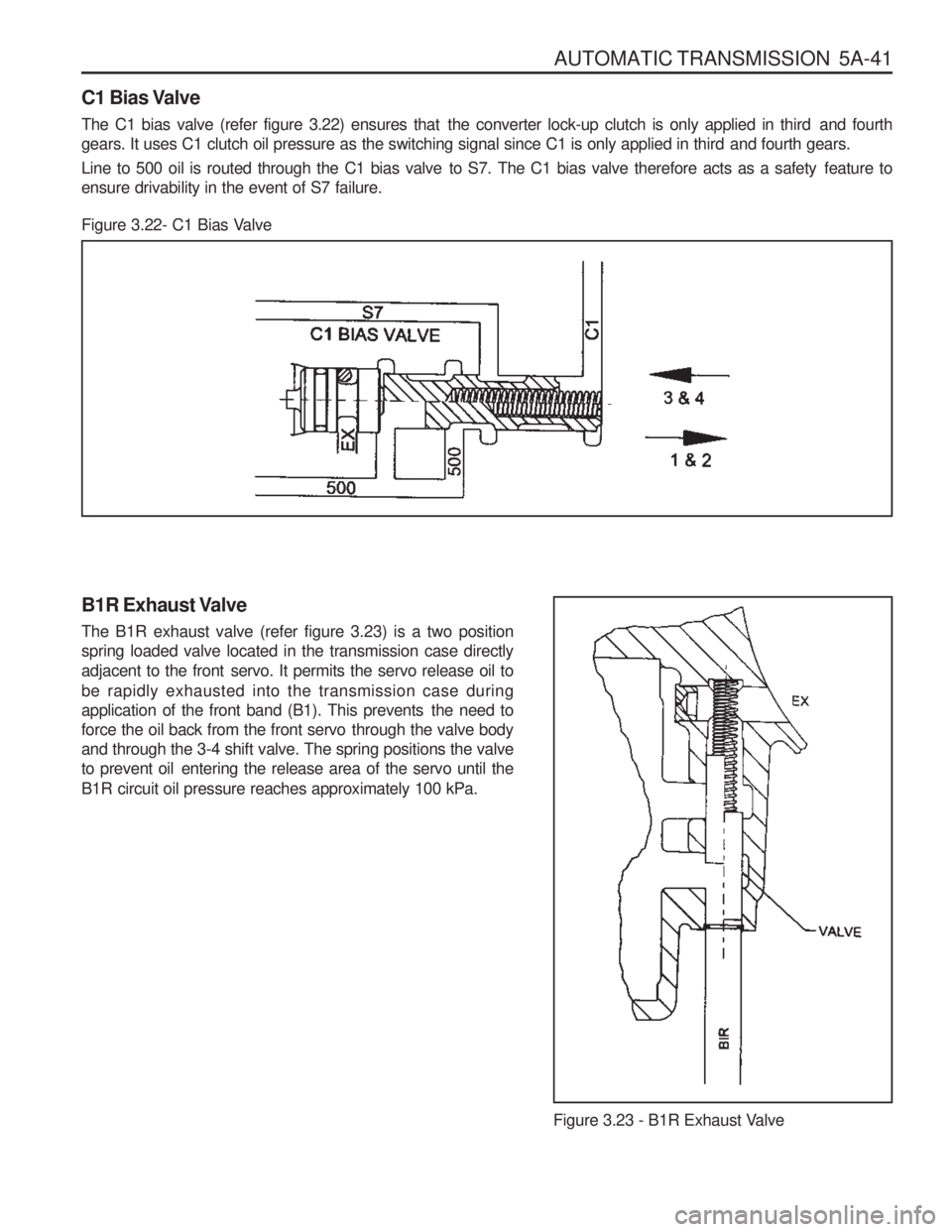 SSANGYONG MUSSO 2003 Workshop Manual AUTOMATIC TRANSMISSION 5A-41
C1 Bias Valve
The C1 bias valve (refer figure 3.22) ensures that the converter lock-up clutch is only applied in third and fourth
gears. It uses C1 clutch oil pressur SSANGYONG MUSSO 2003 Workshop Manual AUTOMATIC TRANSMISSION 5A-41
C1 Bias Valve
The C1 bias valve (refer figure 3.22) ensures that the converter lock-up clutch is only applied in third and fourth
gears. It uses C1 clutch oil pressur