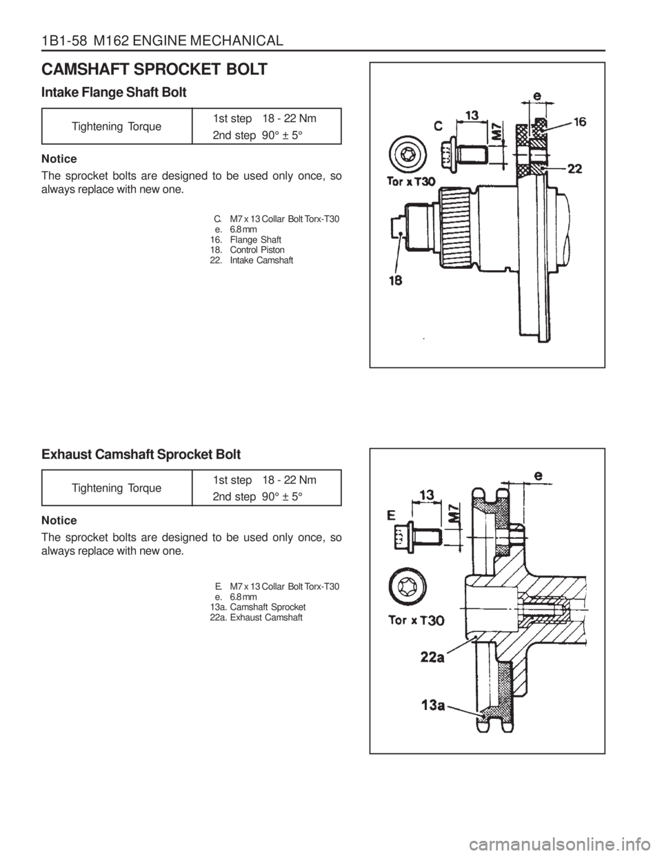 SSANGYONG MUSSO 2003 Manual Online 1B1-58 M162 ENGINE MECHANICAL
CAMSHAFT SPROCKET BOLT Intake Flange Shaft Bolt Notice The sprocket bolts are designed to be used only once, so always replace with new one. Exhaust Camshaft Sprocket B SSANGYONG MUSSO 2003 Manual Online 1B1-58 M162 ENGINE MECHANICAL
CAMSHAFT SPROCKET BOLT Intake Flange Shaft Bolt Notice The sprocket bolts are designed to be used only once, so always replace with new one. Exhaust Camshaft Sprocket B