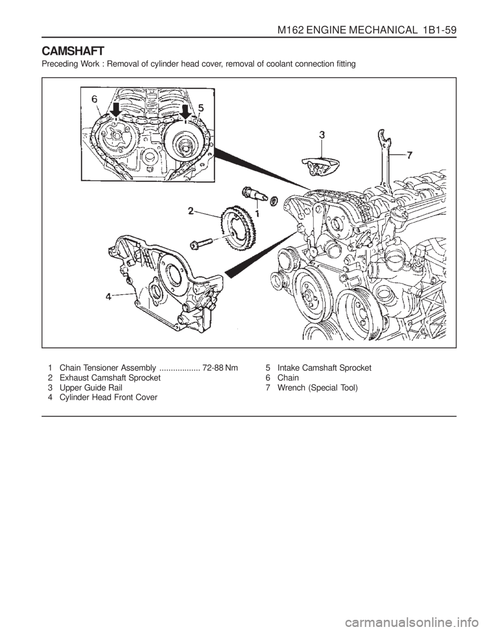 SSANGYONG MUSSO 2003 Manual Online M162 ENGINE MECHANICAL 1B1-59
CAMSHAFT
Preceding Work : Removal of cylinder head cover, removal of coolant connection fitting
1 Chain Tensioner Assembly.................. 72-88 Nm
2 Exhaust Camshaft SSANGYONG MUSSO 2003 Manual Online M162 ENGINE MECHANICAL 1B1-59
CAMSHAFT
Preceding Work : Removal of cylinder head cover, removal of coolant connection fitting
1 Chain Tensioner Assembly.................. 72-88 Nm
2 Exhaust Camshaft