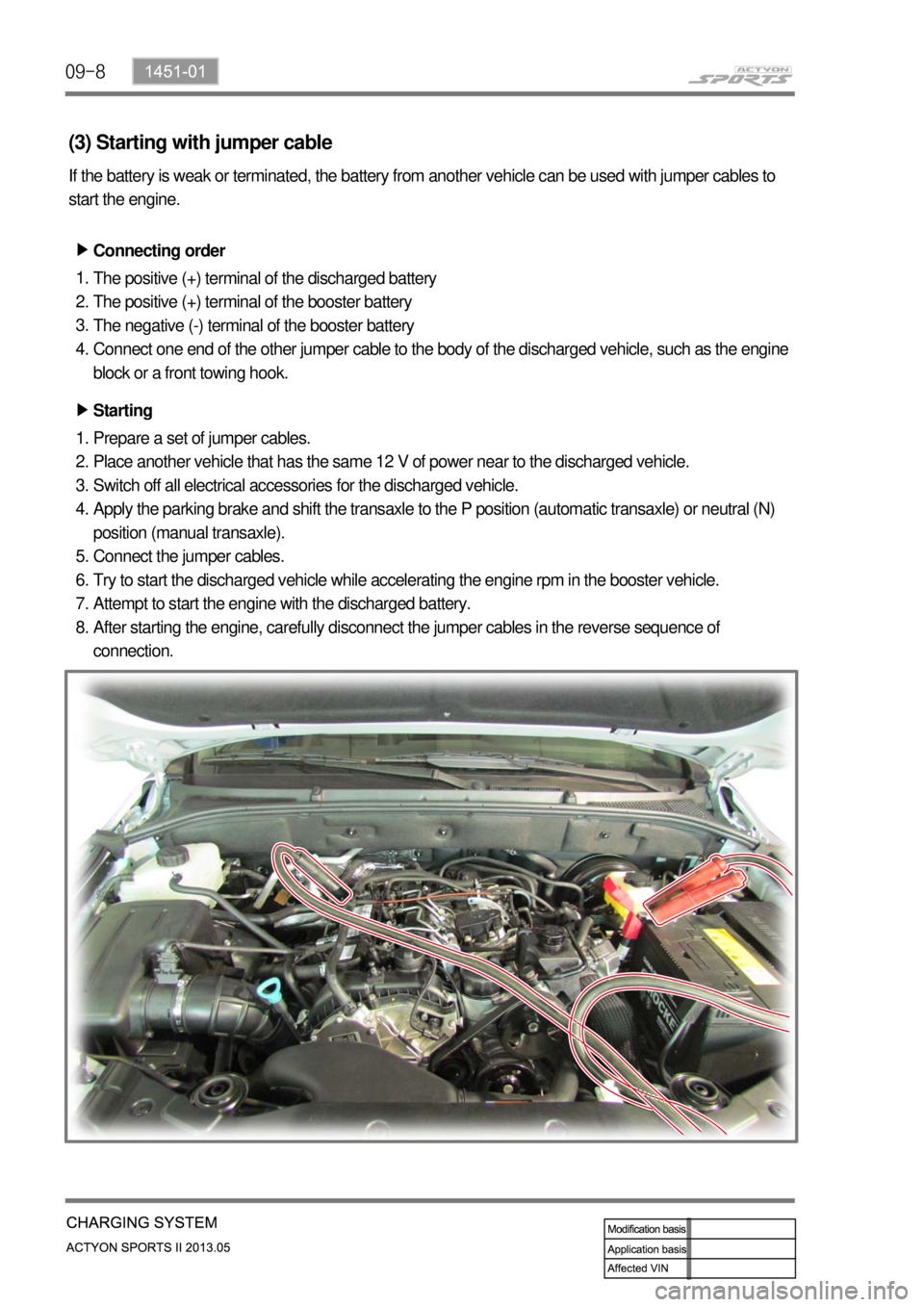 SSANGYONG NEW ACTYON SPORTS 2013  Service Manual 09-8
(3) Starting with jumper cable
If the battery is weak or terminated, the battery from another vehicle can be used with jumper cables to 
start the engine.
Connecting order ▶
The positive (+) te