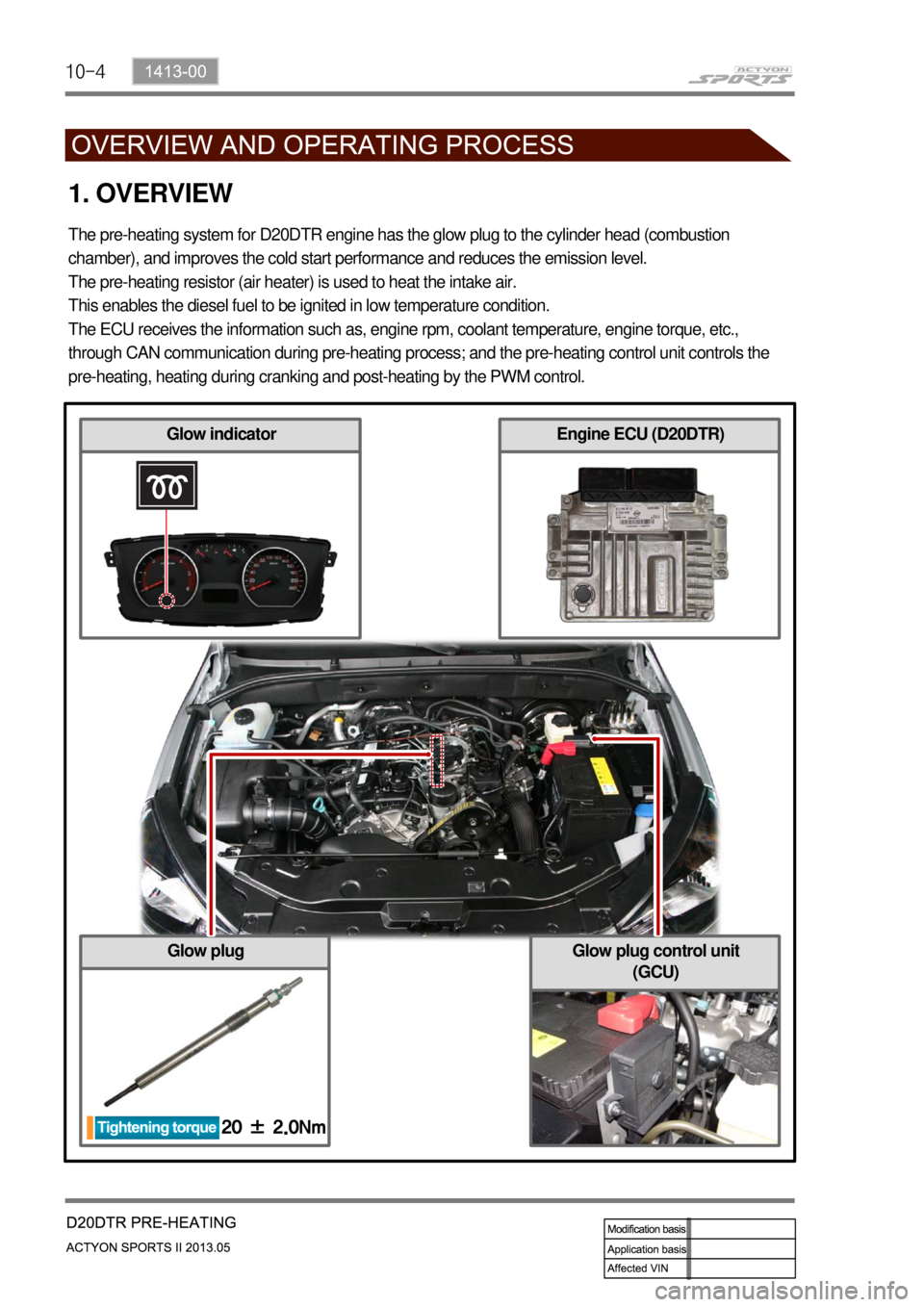 SSANGYONG NEW ACTYON SPORTS 2013 Owners Guide 10-4
Glow plug control unit 
(GCU)
1. OVERVIEW
The pre-heating system for D20DTR engine has the glow plug to the cylinder head (combustion 
chamber), and improves the cold start performance and reduce