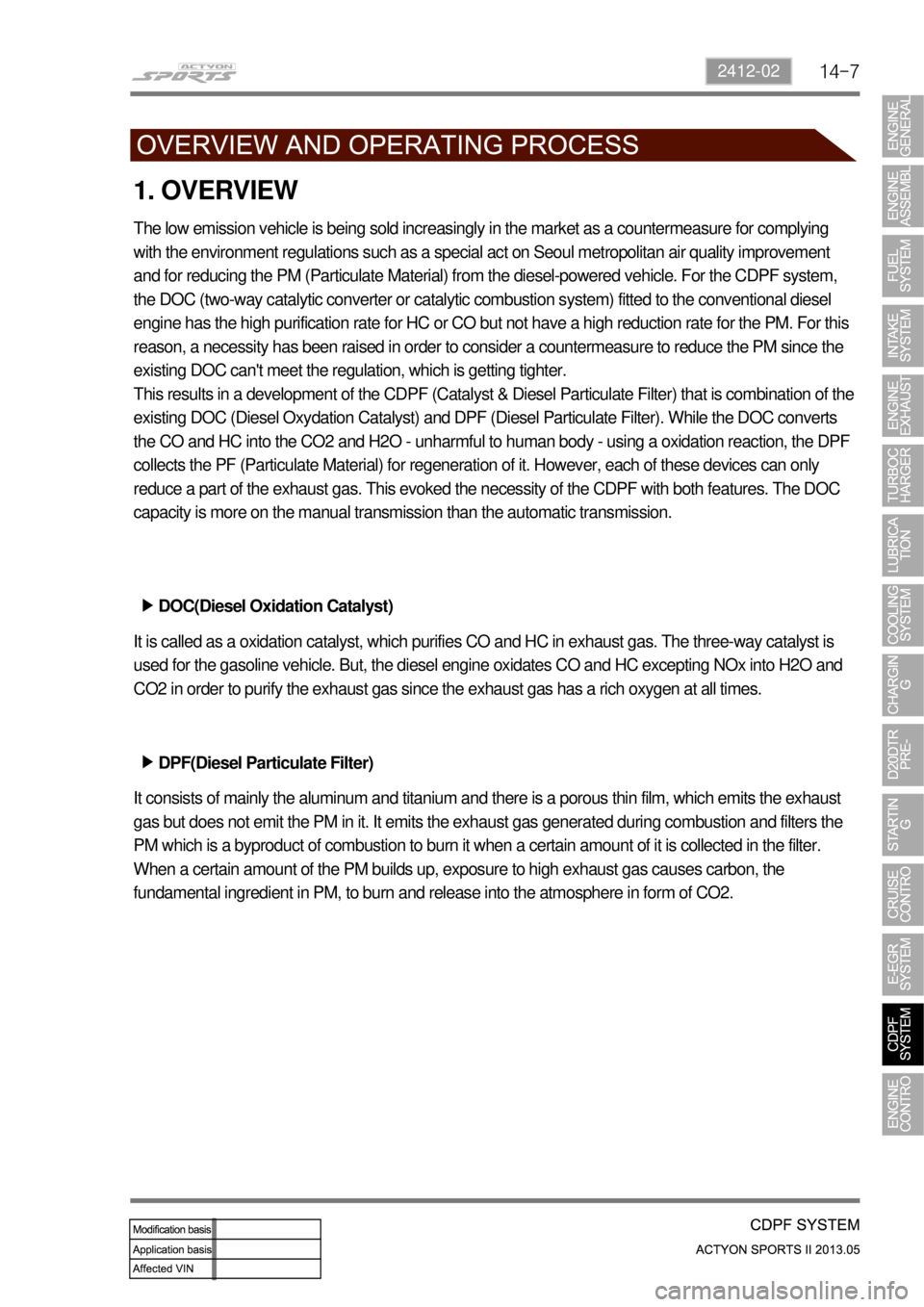 SSANGYONG NEW ACTYON SPORTS 2013  Service Manual 14-72412-02
1. OVERVIEW
The low emission vehicle is being sold increasingly in the market as a countermeasure for complying 
with the environment regulations such as a special act on Seoul metropolita