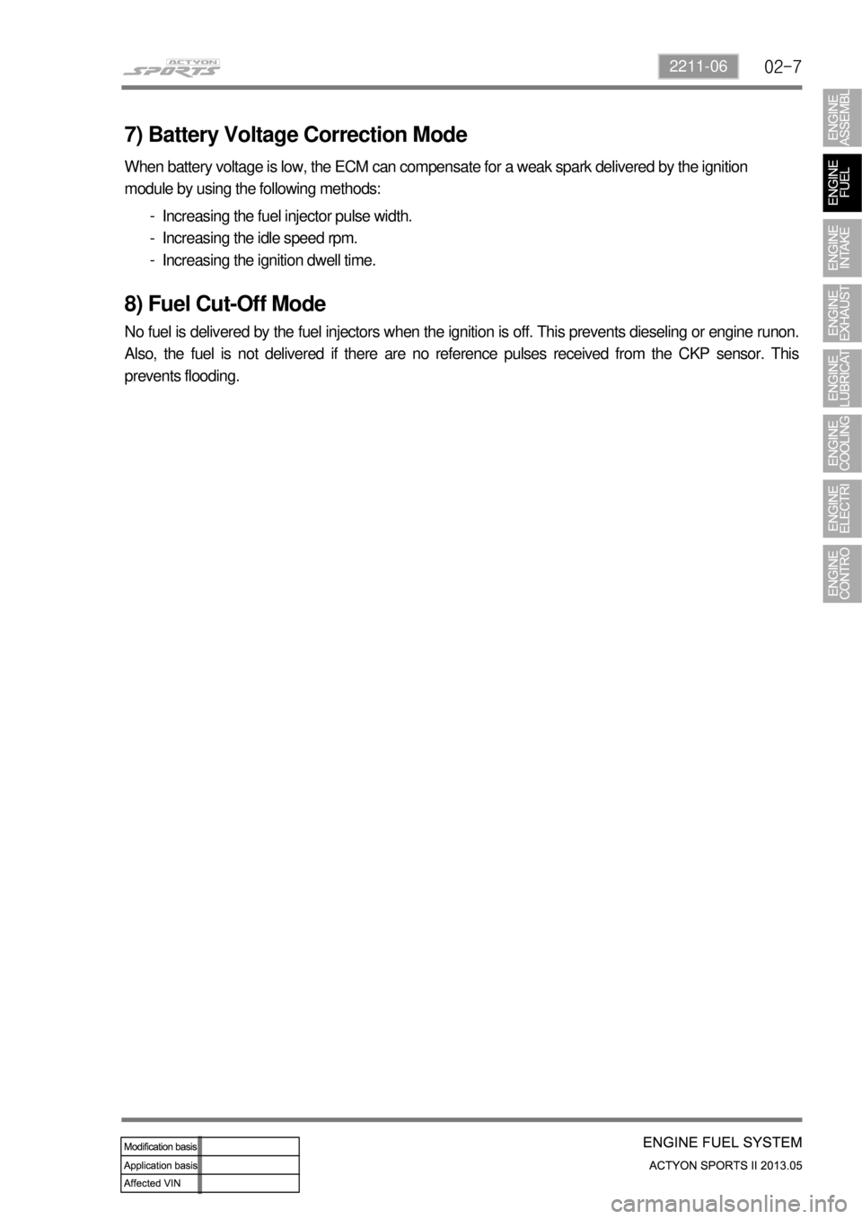 SSANGYONG NEW ACTYON SPORTS 2013 Repair Manual 02-72211-06
7) Battery Voltage Correction Mode
When battery voltage is low, the ECM can compensate for a weak spark delivered by the ignition
module by using the following methods:
Increasing the fue SSANGYONG NEW ACTYON SPORTS 2013 Repair Manual 02-72211-06
7) Battery Voltage Correction Mode
When battery voltage is low, the ECM can compensate for a weak spark delivered by the ignition
module by using the following methods:
Increasing the fue
