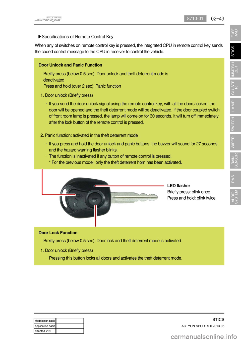 SSANGYONG NEW ACTYON SPORTS 2013  Service Manual 02-498710-01
▶Specifications of Remote Control Key
When any of switches on remote control key is pressed, the integrated CP\
U in remote control key sends 
the coded control message to the CPU in re