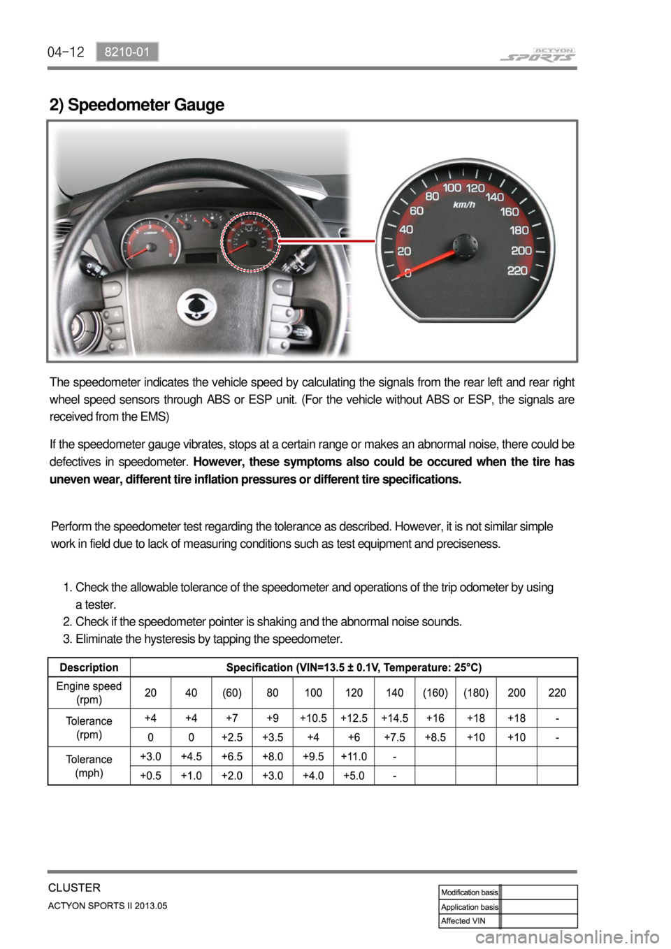 SSANGYONG NEW ACTYON SPORTS 2013  Service Manual 04-12
2) Speedometer Gauge
The speedometer indicates the vehicle speed by calculating the signals from the rear left and rear right 
wheel speed sensors through ABS or ESP unit. (For the vehicle witho