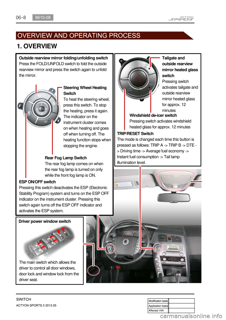 SSANGYONG NEW ACTYON SPORTS 2013 User Guide 06-8
1. OVERVIEW
TRIP/RESET Switch
The mode is changed each time this button is 
pressed as follows: TRIP A -> TRIP B -> DTE -
> Driving time -> Average fuel economy -> 
Instant fuel consumption -> Ta