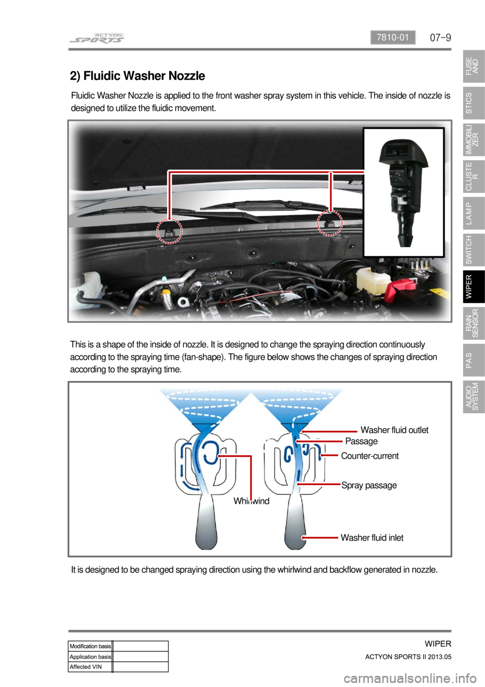SSANGYONG NEW ACTYON SPORTS 2013  Service Manual 07-97810-01
2) Fluidic Washer Nozzle
Fluidic Washer Nozzle is applied to the front washer spray system in this vehicle. The inside of nozzle is 
designed to utilize the fluidic movement.
This is a sha