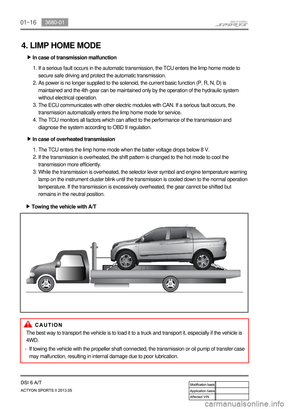 SSANGYONG NEW ACTYON SPORTS 2013  Service Manual 01-16
4. LIMP HOME MODE
In case of transmission malfunction ▶
If a serious fault occurs in the automatic transmission, the TCU enters the limp home mode to 
secure safe driving and protect the autom