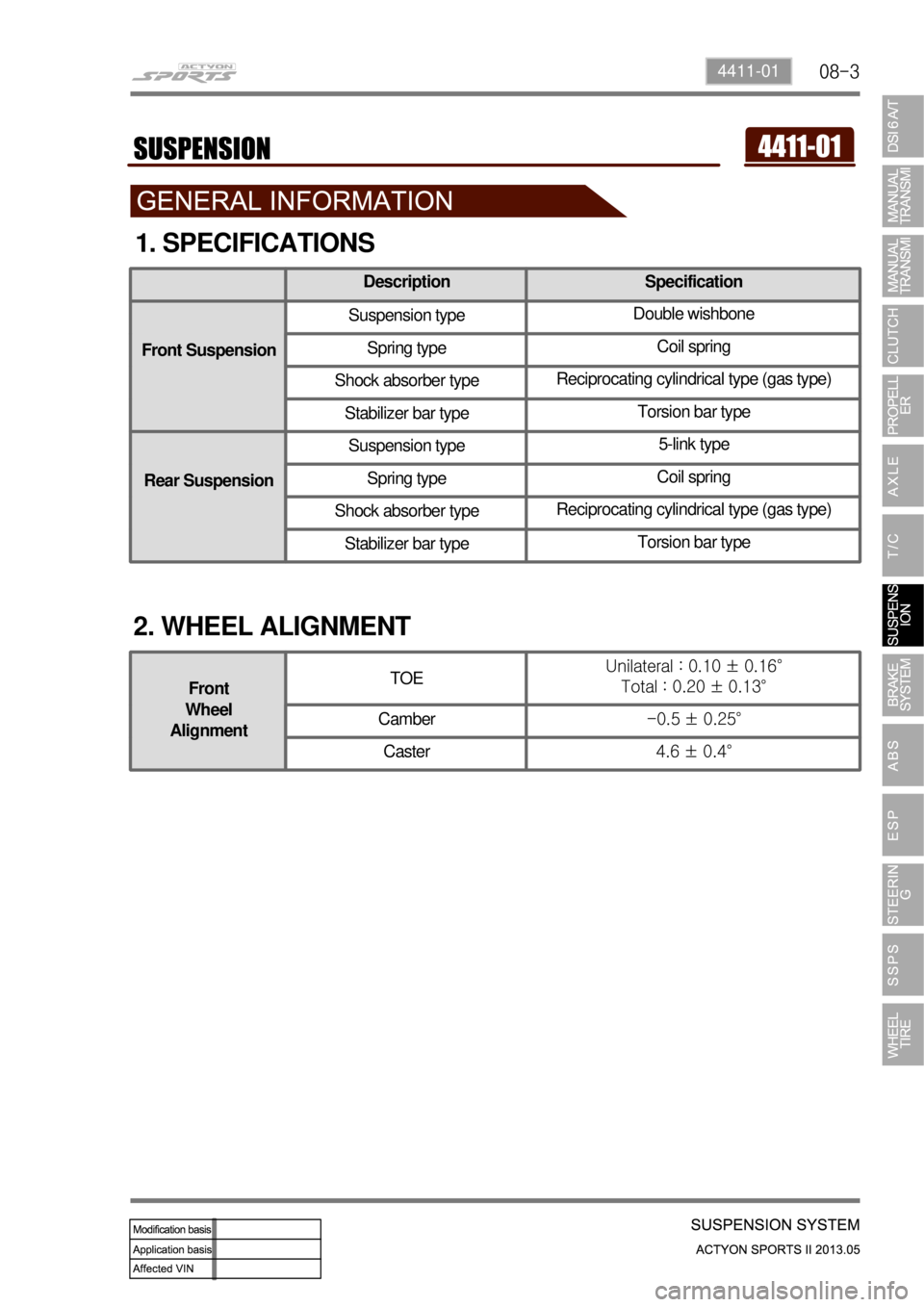 SSANGYONG NEW ACTYON SPORTS 2013  Service Manual 08-34411-01
1. SPECIFICATIONS
2. WHEEL ALIGNMENT
Description Specification
Front SuspensionSuspension typeDouble wishbone
Spring typeCoil spring
Shock absorber typeReciprocating cylindrical type (gas 