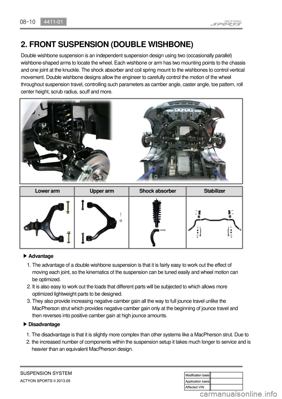 SSANGYONG NEW ACTYON SPORTS 2013  Service Manual 08-10
2. FRONT SUSPENSION (DOUBLE WISHBONE)
Advantage ▶
The advantage of a double wishbone suspension is that it is fairly easy to work out the effect of 
moving each joint, so the kinematics of the