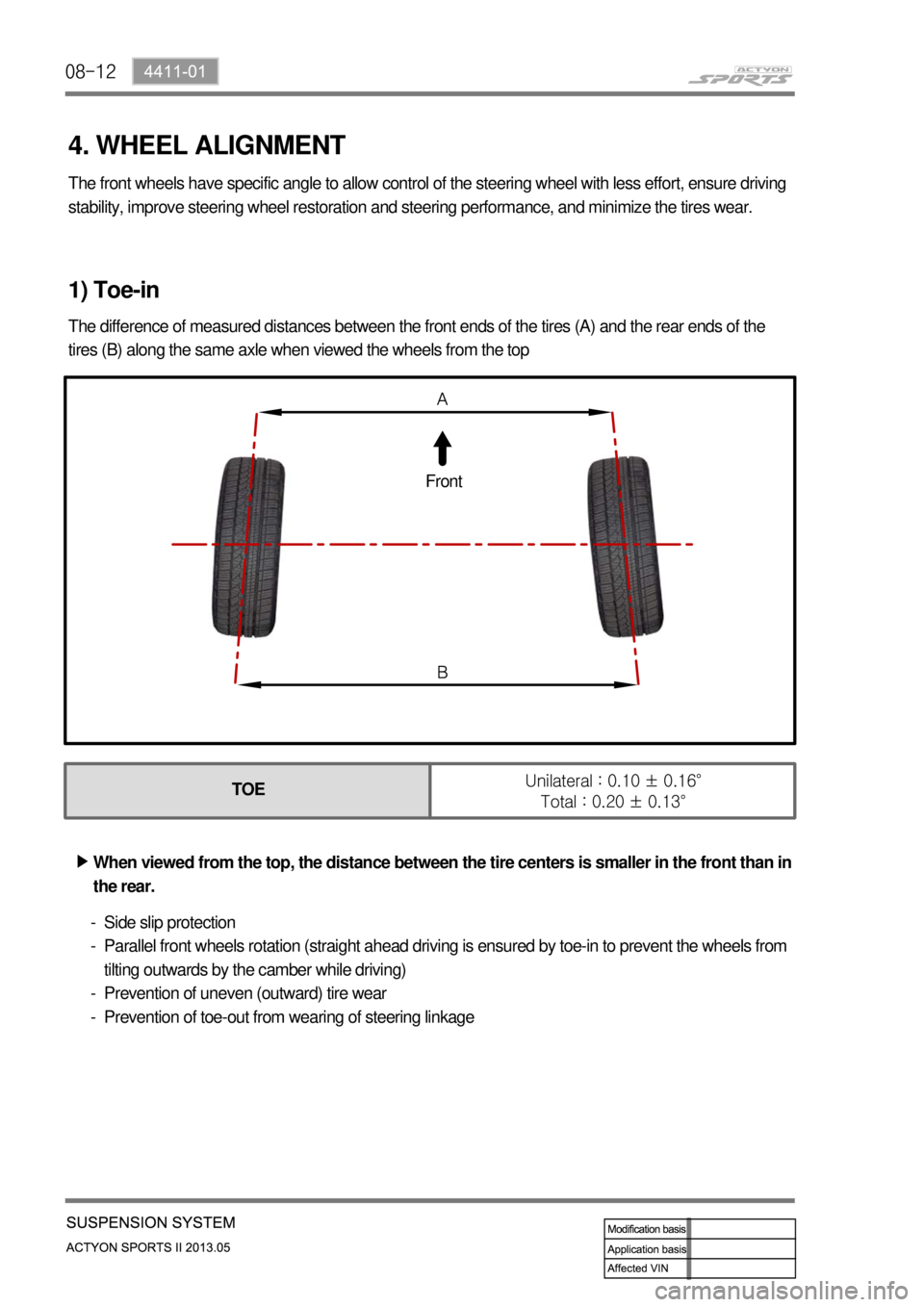 SSANGYONG NEW ACTYON SPORTS 2013  Service Manual 08-12
4. WHEEL ALIGNMENT
The front wheels have specific angle to allow control of the steering wheel with less effort, ensure driving 
stability, improve steering wheel restoration and steering perfor