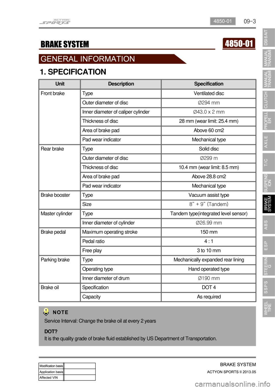 SSANGYONG NEW ACTYON SPORTS 2013  Service Manual 09-34850-01
1. SPECIFICATION                                       
Unit Description Specification
Front brake Type Ventilated disc
Outer diameter of discØ294 mm
Inner diameter of caliper cylinderØ4