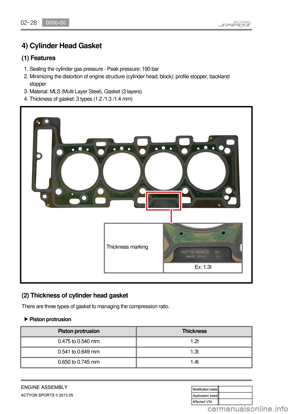 SSANGYONG NEW ACTYON SPORTS 2013  Service Manual 02-28
Thickness markingEx: 1.3t
4) Cylinder Head Gasket
(1) Features
Sealing the cylinder gas pressure - Peak pressure: 190 bar
Minimizing the distortion of engine structure (cylinder head, block): \
