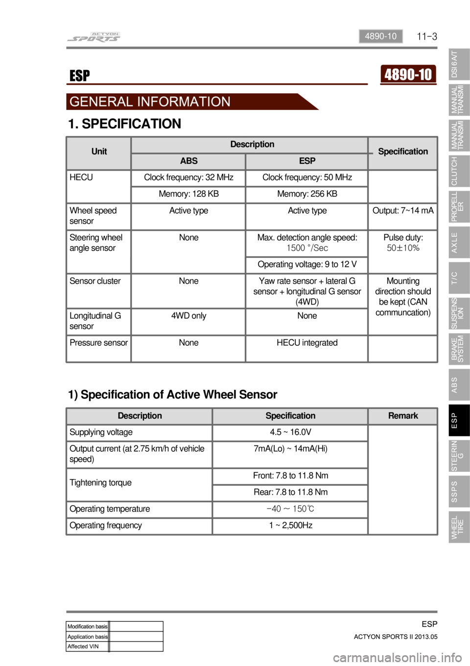 SSANGYONG NEW ACTYON SPORTS 2013  Service Manual 11-34890-10
1. SPECIFICATION
1) Specification of Active Wheel Sensor
Description Specification Remark
Supplying voltage 4.5 ~ 16.0V
Output current (at 2.75 km/h of vehicle 
speed)7mA(Lo) ~ 14mA(Hi)
Ti