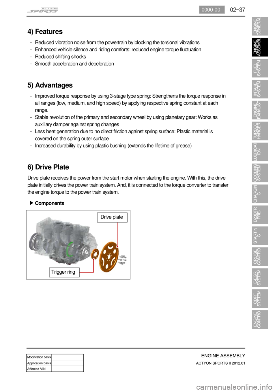 SSANGYONG NEW ACTYON SPORTS 2012 Service Manual 02-370000-00
4) Features
Reduced vibration noise from the powertrain by blocking the torsional vibrations
Enhanced vehicle silence and riding comforts: reduced engine torque fluctuation
Reduced shifti SSANGYONG NEW ACTYON SPORTS 2012 Service Manual 02-370000-00
4) Features
Reduced vibration noise from the powertrain by blocking the torsional vibrations
Enhanced vehicle silence and riding comforts: reduced engine torque fluctuation
Reduced shifti