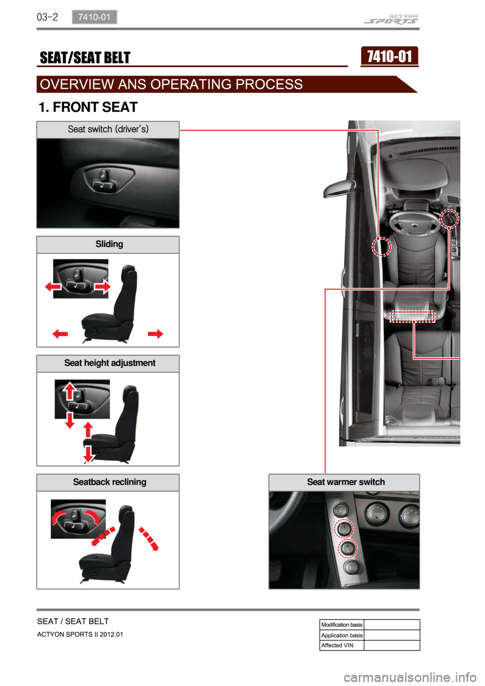 SSANGYONG NEW ACTYON SPORTS 2012  Service Manual 03-2
1. FRONT SEAT 
Seat switch (driver’s)
Sliding
Seat height adjustment
Seatback recliningSeat warmer switch 