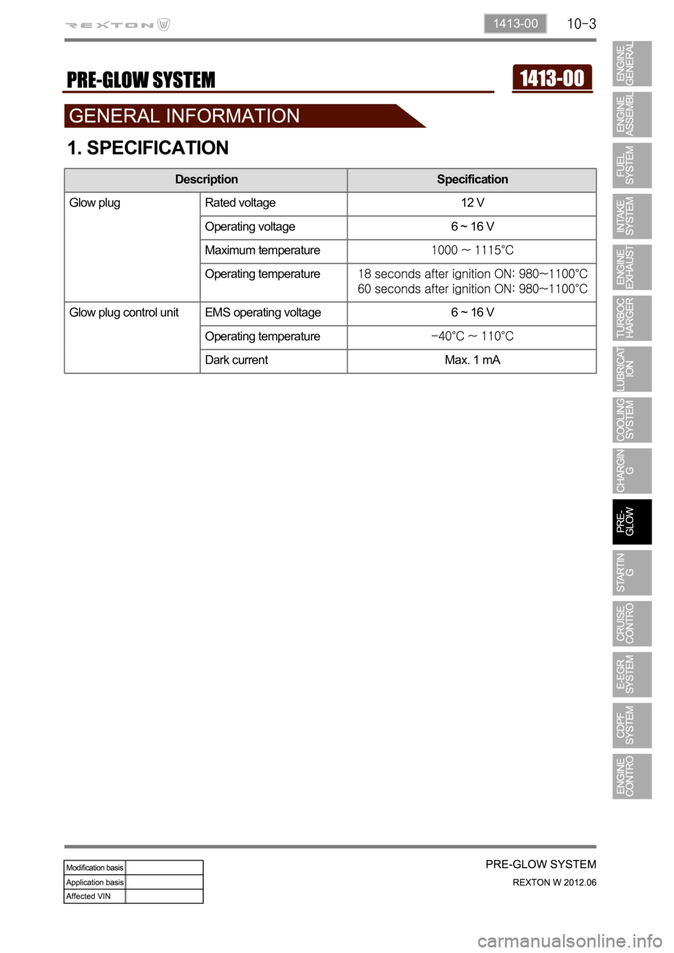 SSANGYONG NEW REXTON 2012  Service Manual 1413-00
1. SPECIFICATION
Description Specification
Glow plug Rated voltage 12 V 
Operating voltage 6 ~ 16 V 
Maximum temperature
Operating temperature
Glow plug control unit EMS operating voltage 6 ~ 