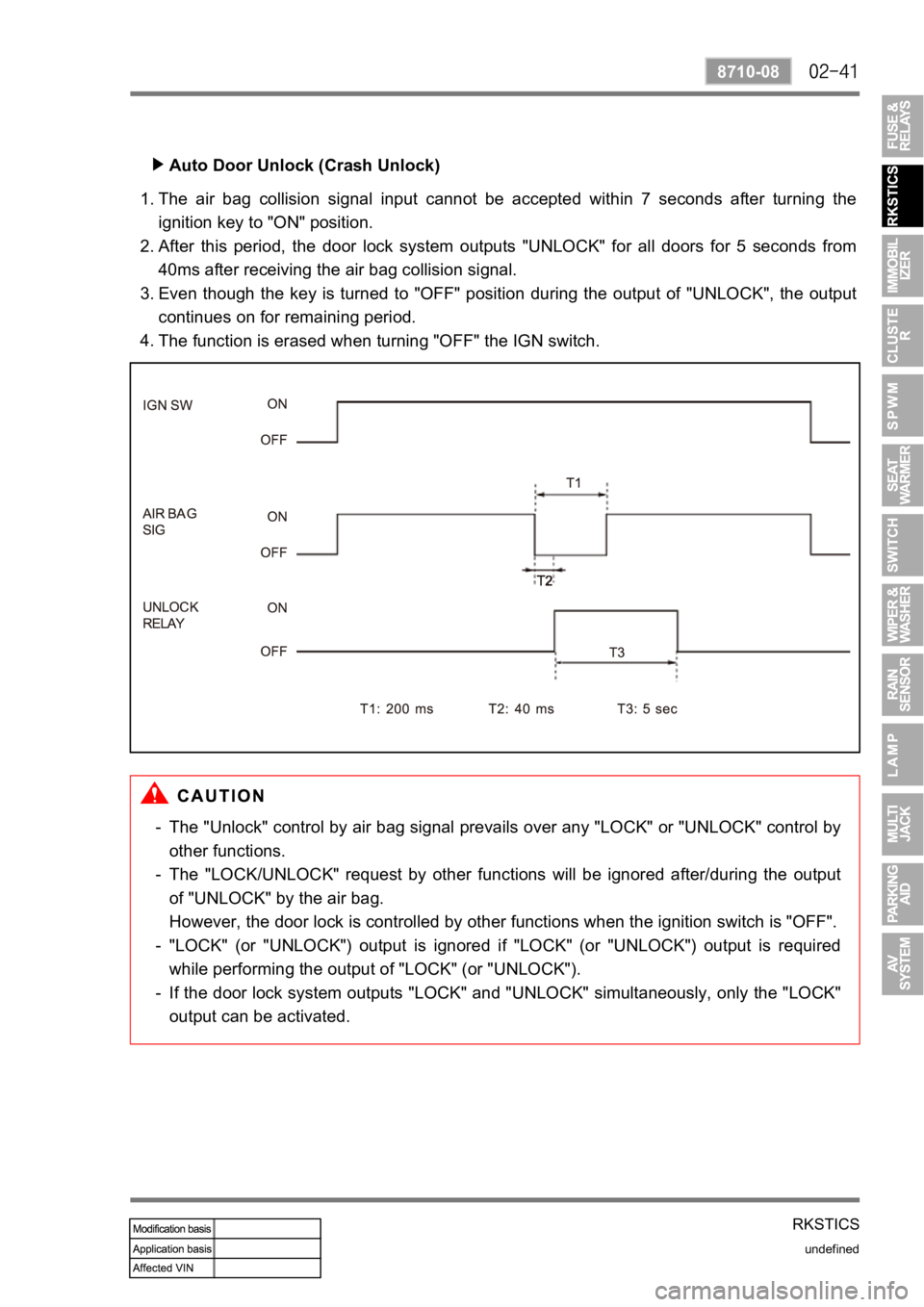 SSANGYONG REXTON 2006  Service Manual RKSTICS
undefined
8710-08
Auto Door Unlock (Crash Unlock)
The  air  bag  collision  signal  input  cannot  be  accepted  within  7 seconds  after  turning  the 
ignition key to "ON" position.
